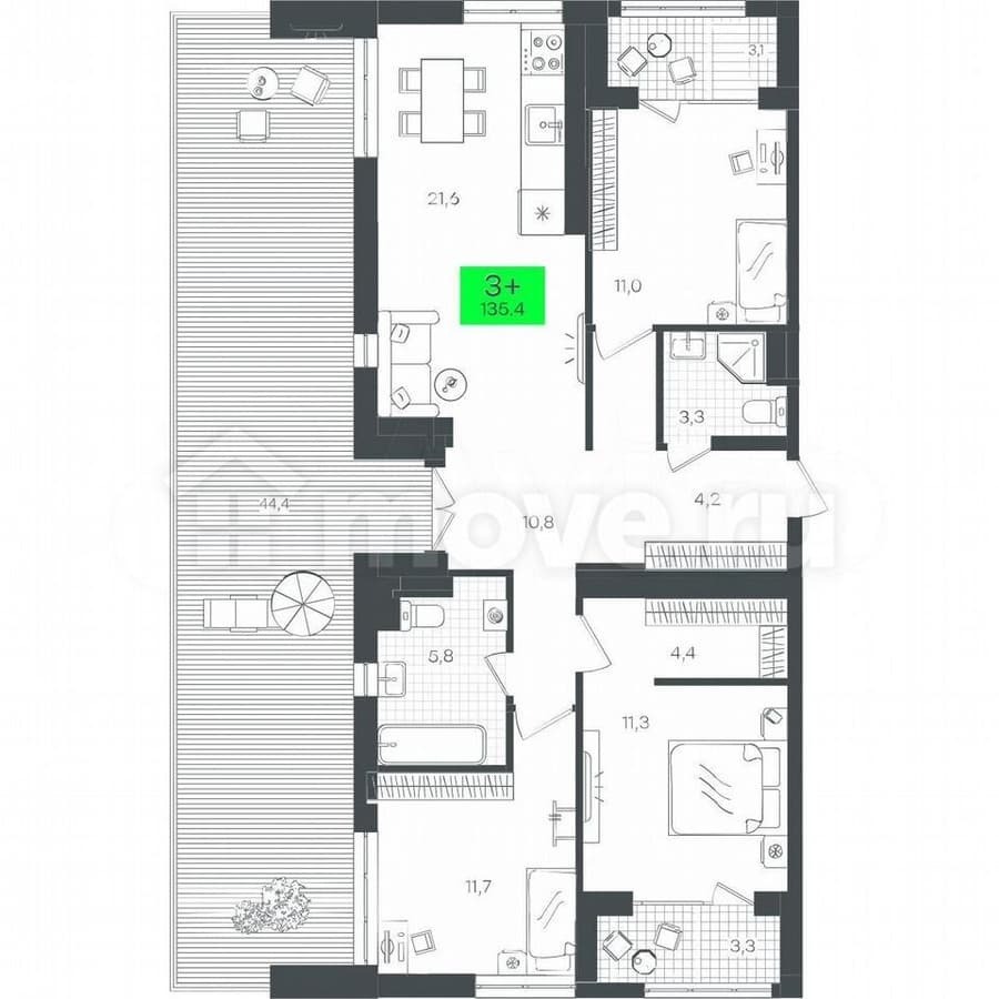 3-комн. пентхаус, 135.4 м²