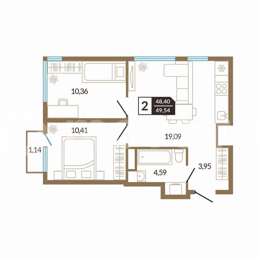 2-комн. квартира, 49.5 м²