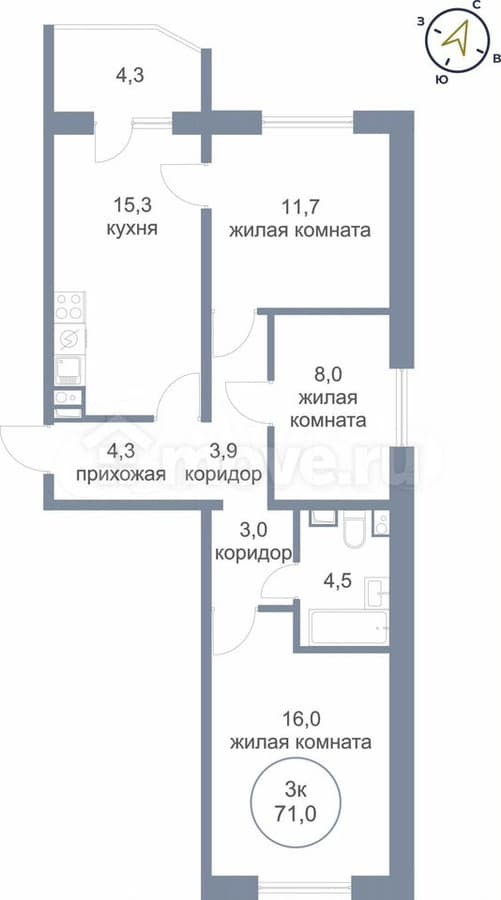 3-комн. квартира, 71 м²