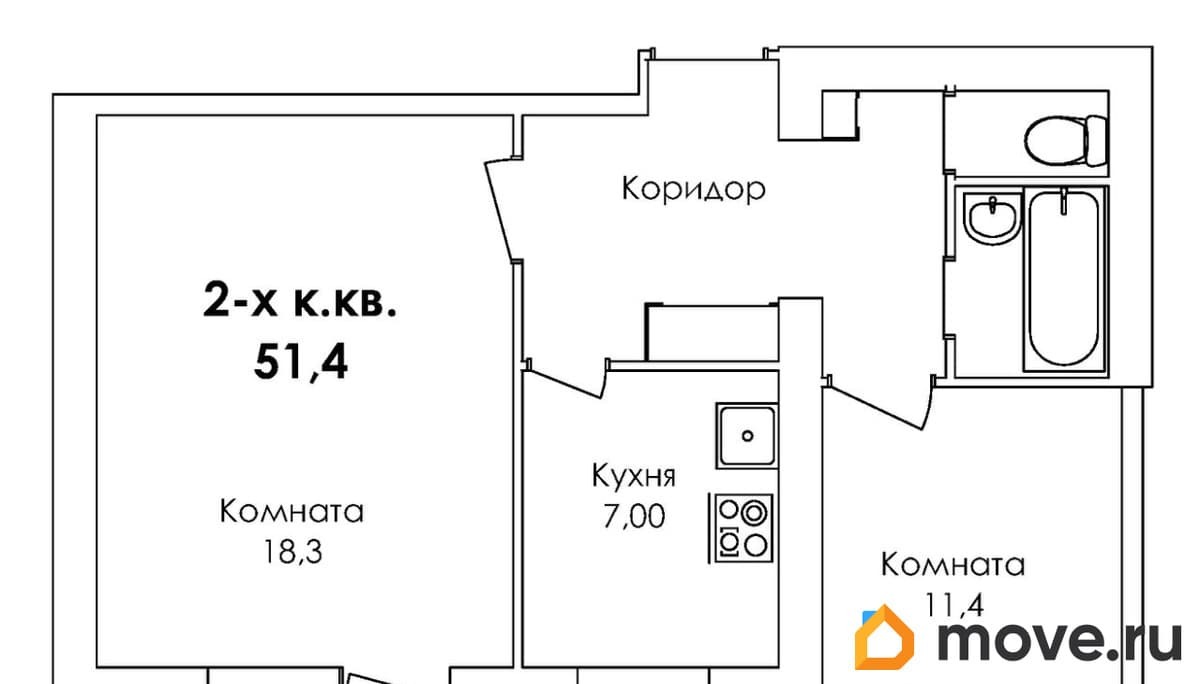 2-комн. квартира, 51.4 м²