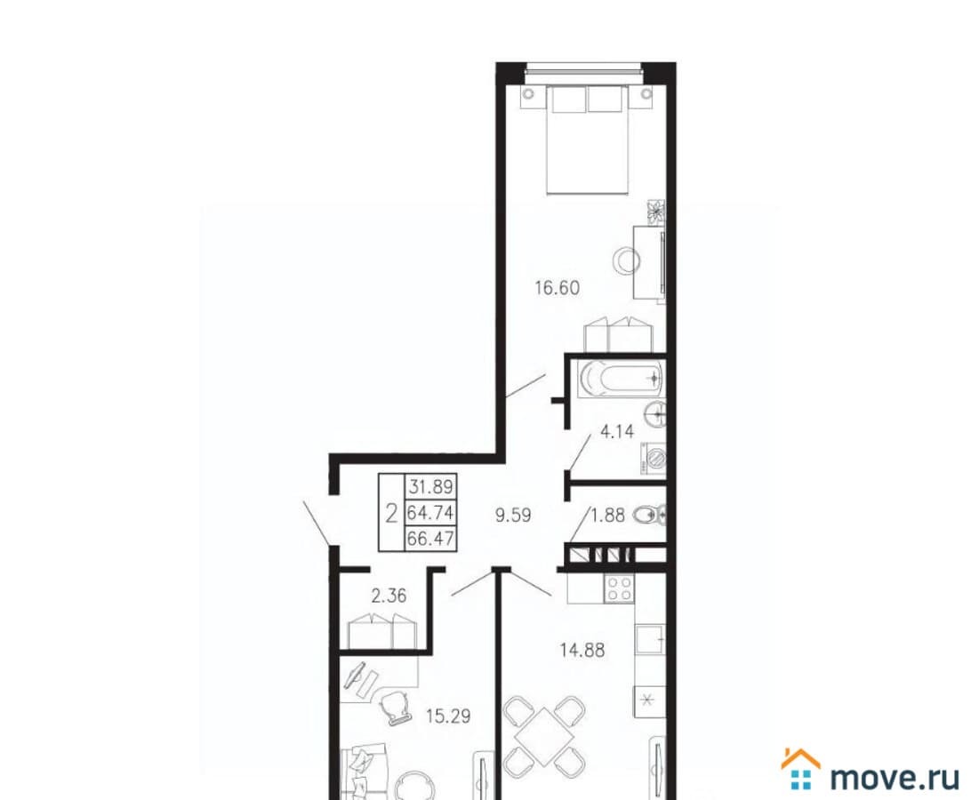 2-комн. квартира, 66.47 м²