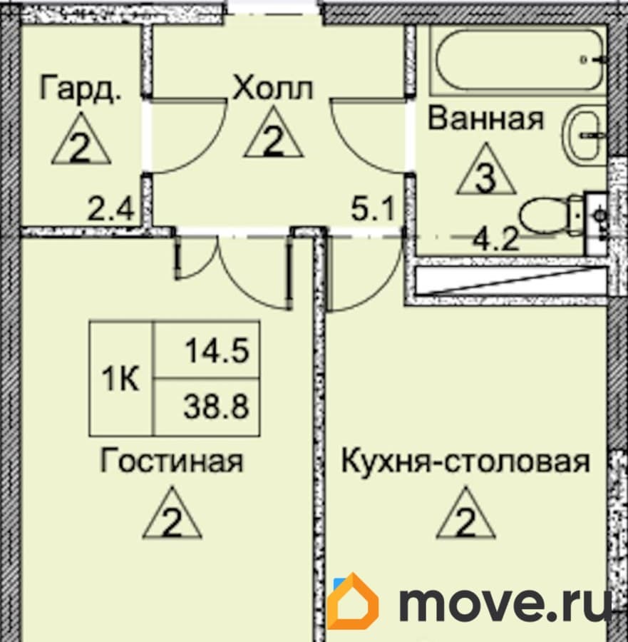 1-комн. квартира, 38.8 м²