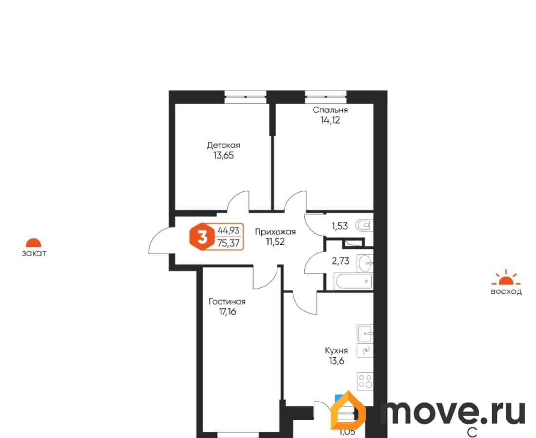 3-комн. квартира, 75.37 м²