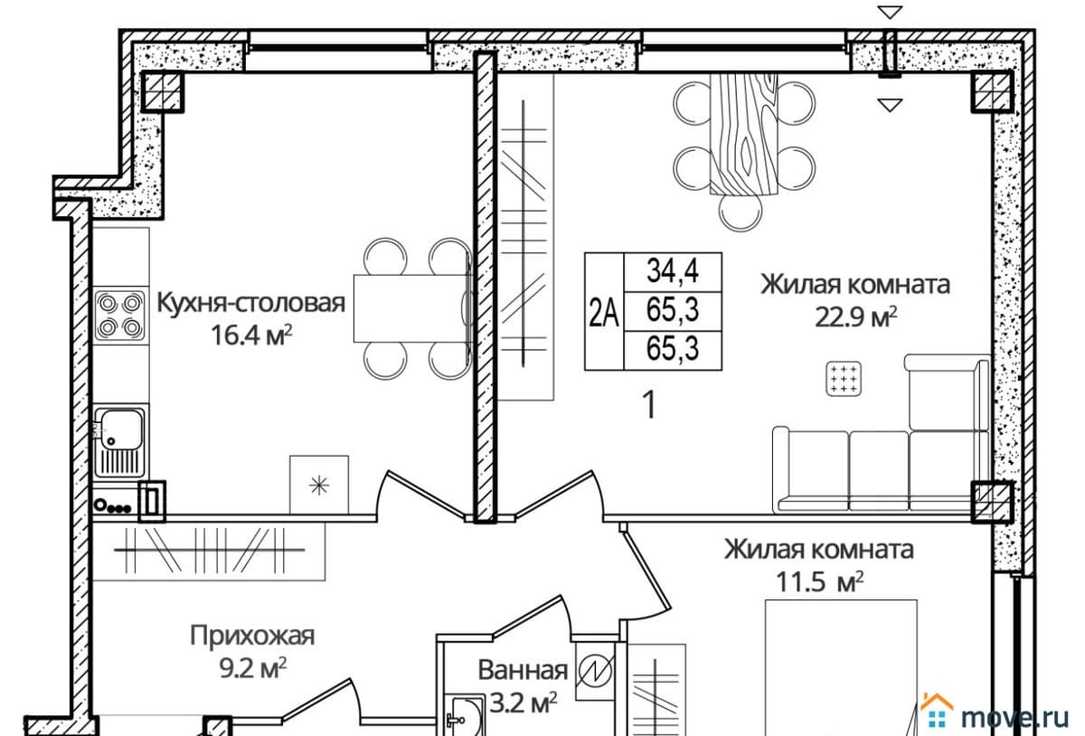2-комн. квартира, 65.3 м²