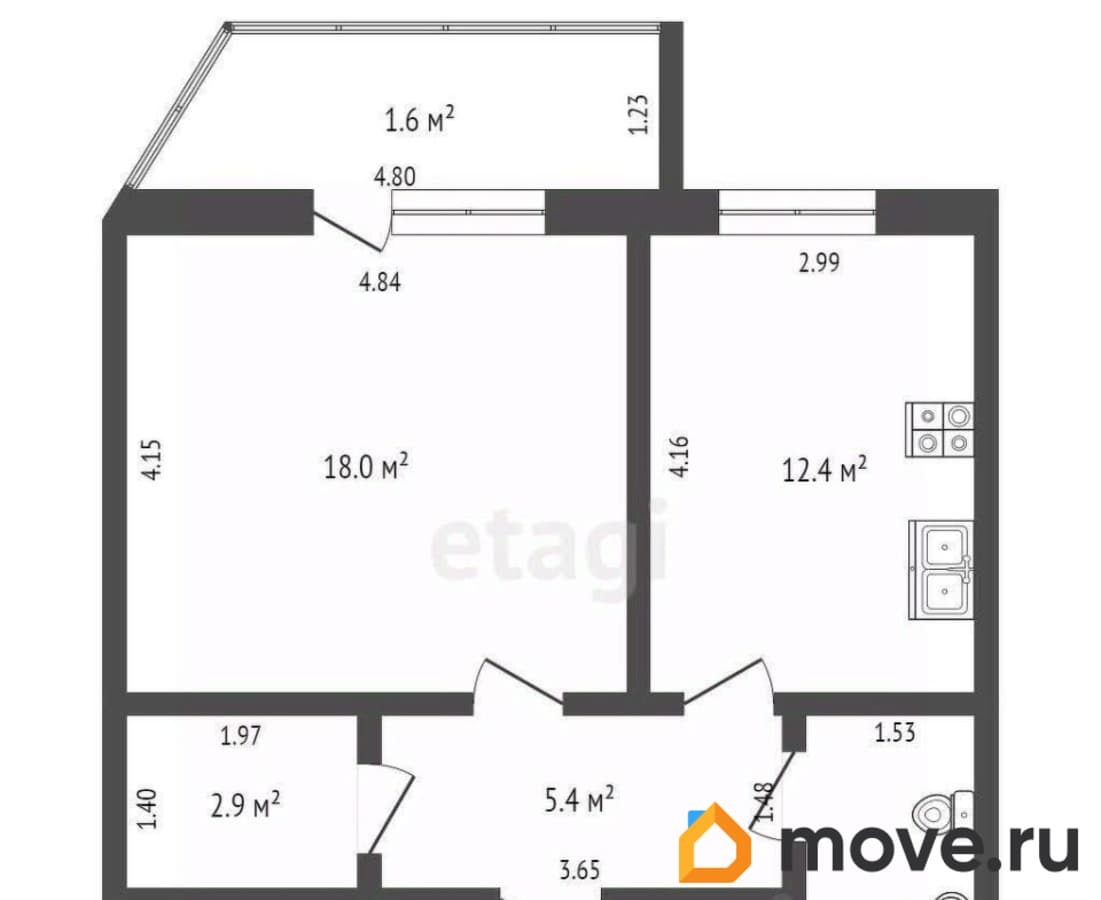 1-комн. квартира, 44.5 м²