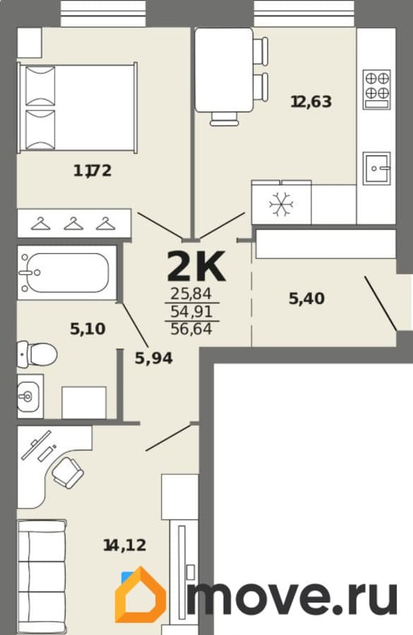 2-комн. квартира, 56.64 м²