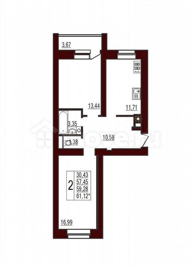 2-комн. квартира, 59.3 м²