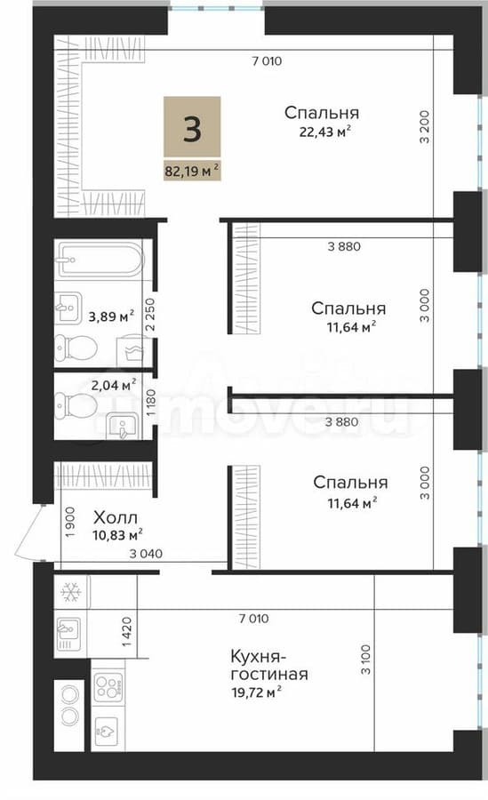 3-комн. квартира, 82.2 м²