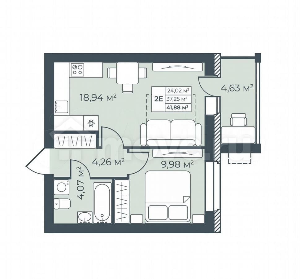 2-комн. квартира, 41.9 м²