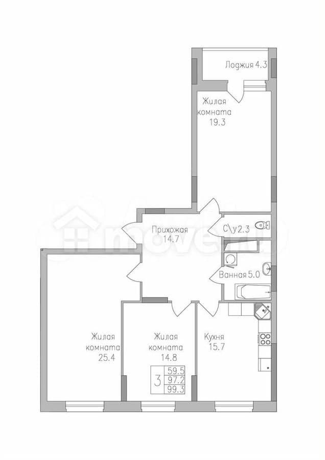 3-комн. квартира, 99.3 м²