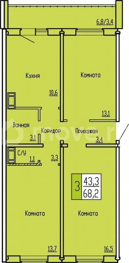 3-комн. квартира, 68.2 м²