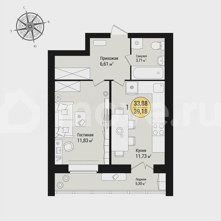 1-комн. квартира, 39.2 м²