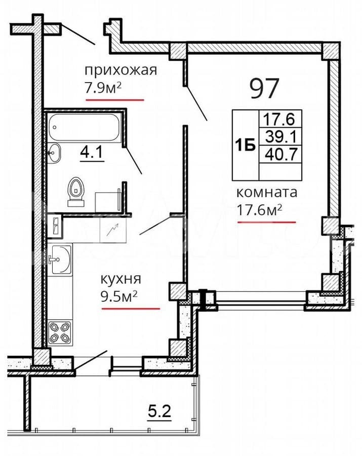 1-комн. квартира, 40.7 м²