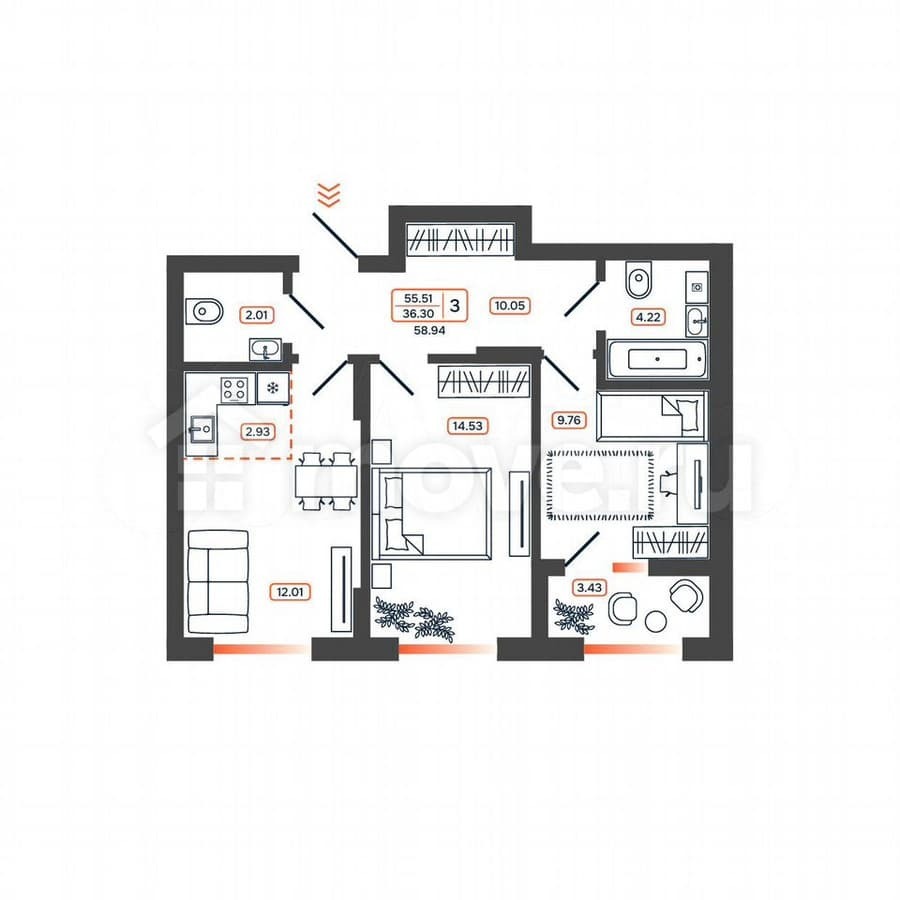 3-комн. квартира, 58.9 м²
