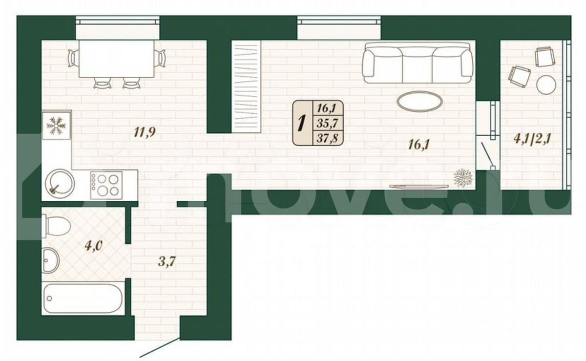 1-комн. квартира, 35.7 м²