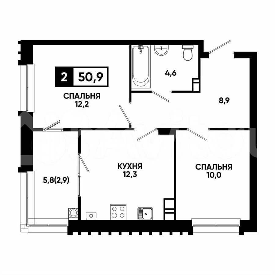 2-комн. квартира, 50.9 м²
